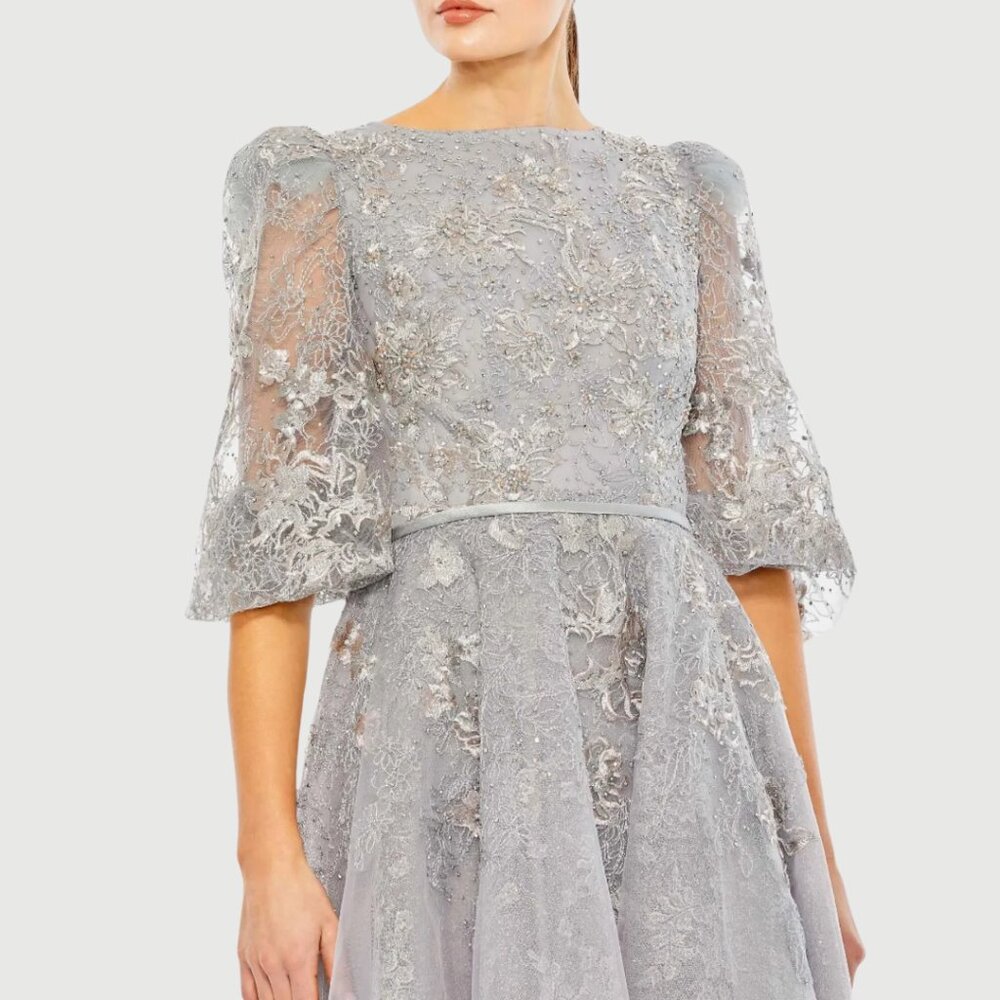 Mac Duggal Size 22 Silver Gray High Neck Puff Sleeve Floral Midi Tea Dress Gown - Picture 4 of 6